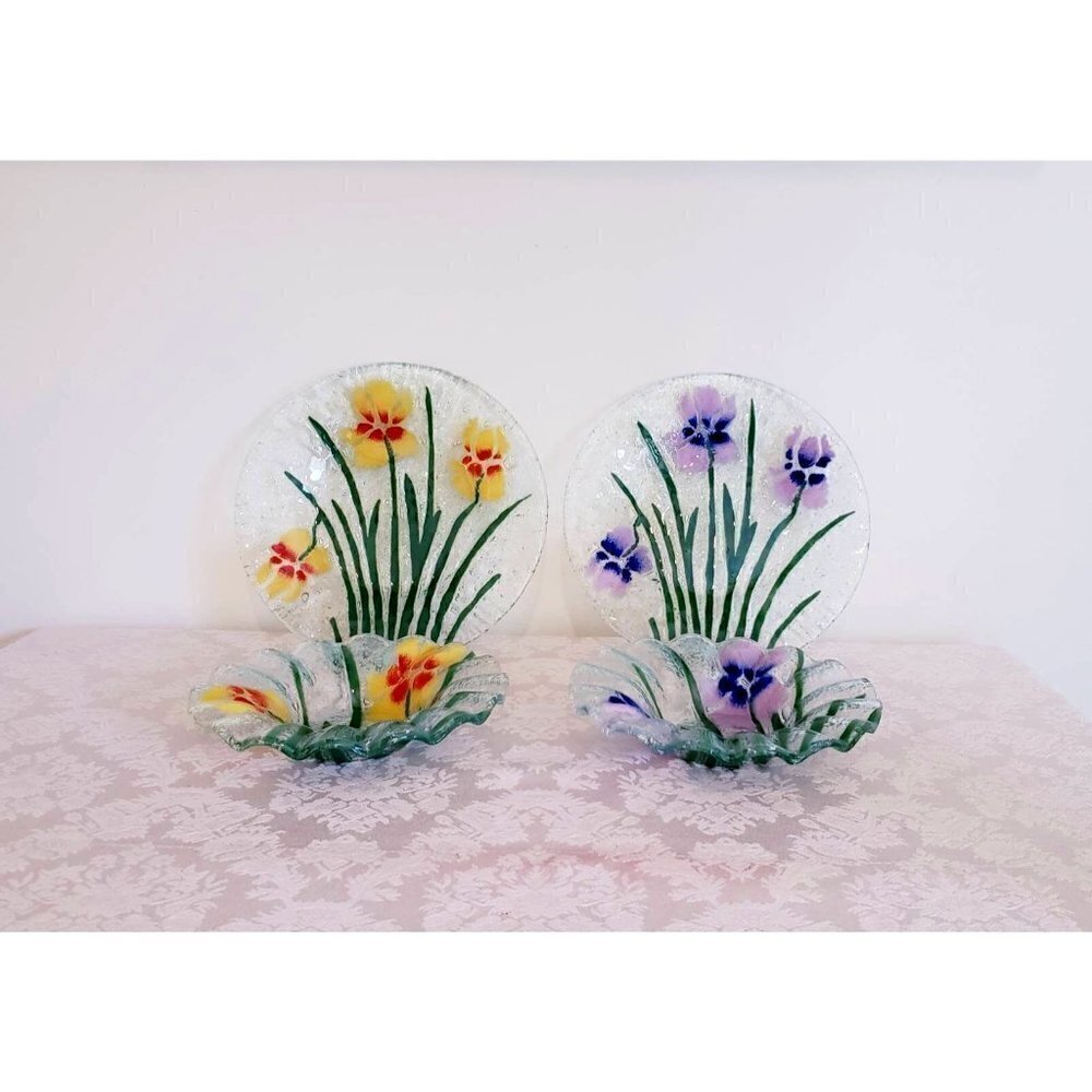 Vintage Fused Glass Floral Dinner Plate Berry Bowl Handcrafted Iris Flower Set